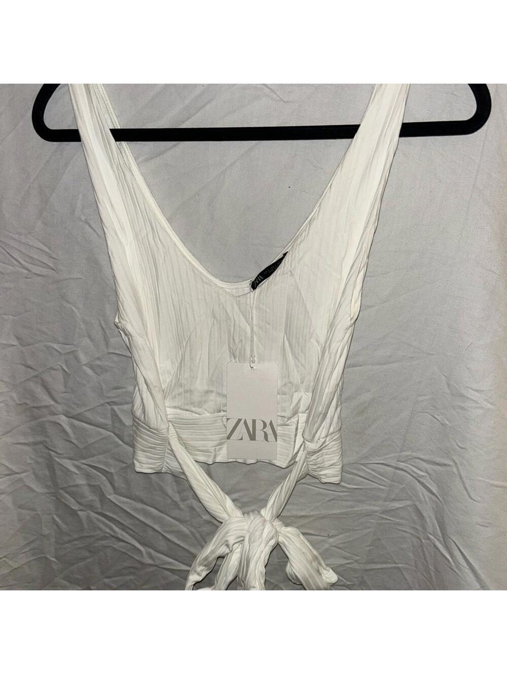 Zara White Ribbed Crop Top with Tie Size Large